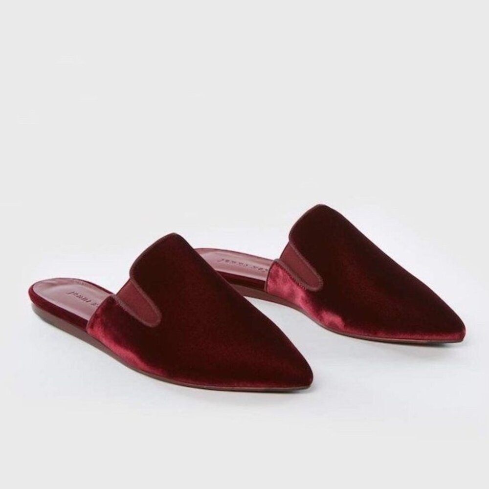 Jenni Kayne • Velvet Mules slides slip on flats pointed toe Bordeaux maroon